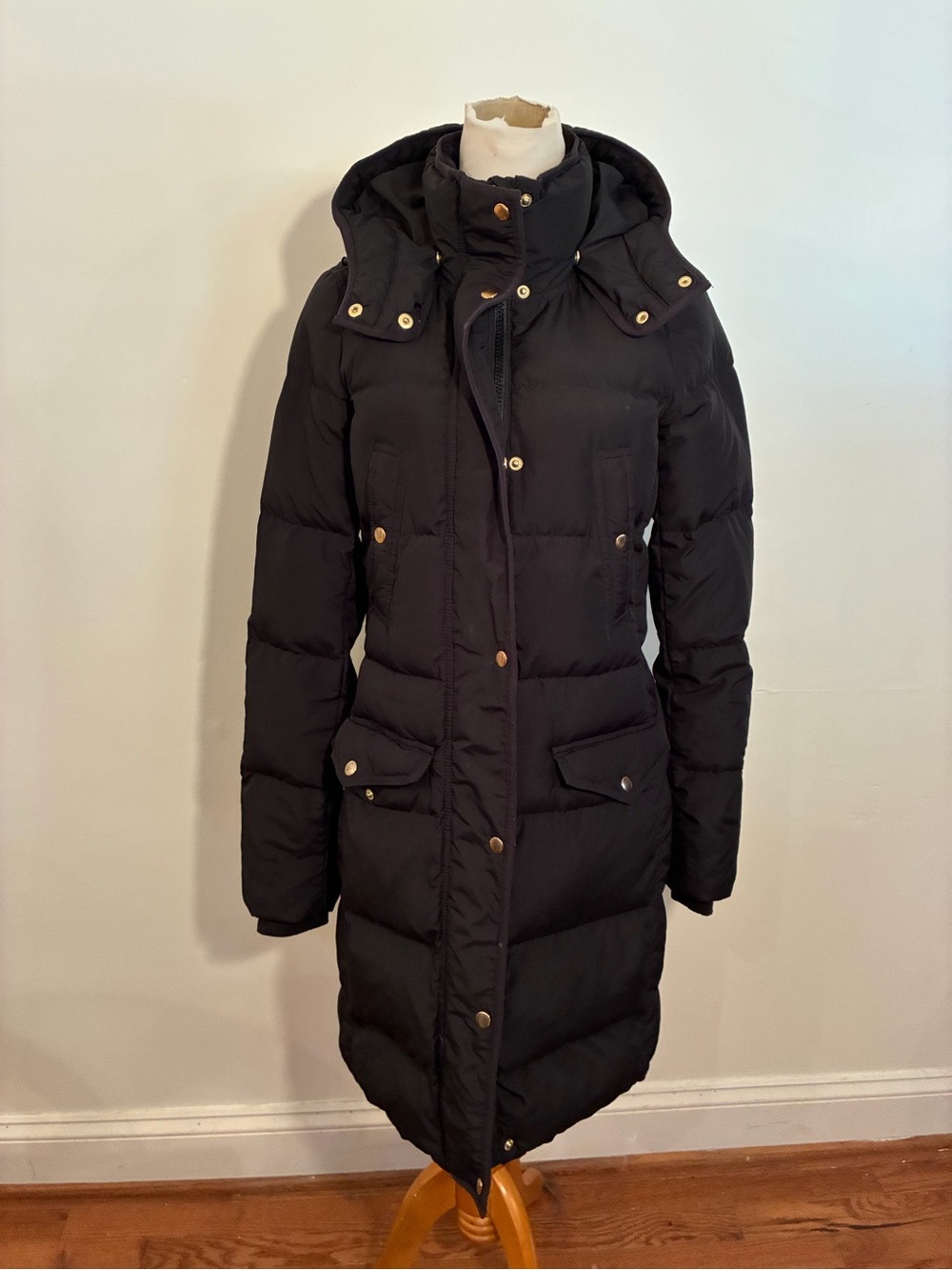 J. Crew Black Quilted Long Puffer Coat with Hood